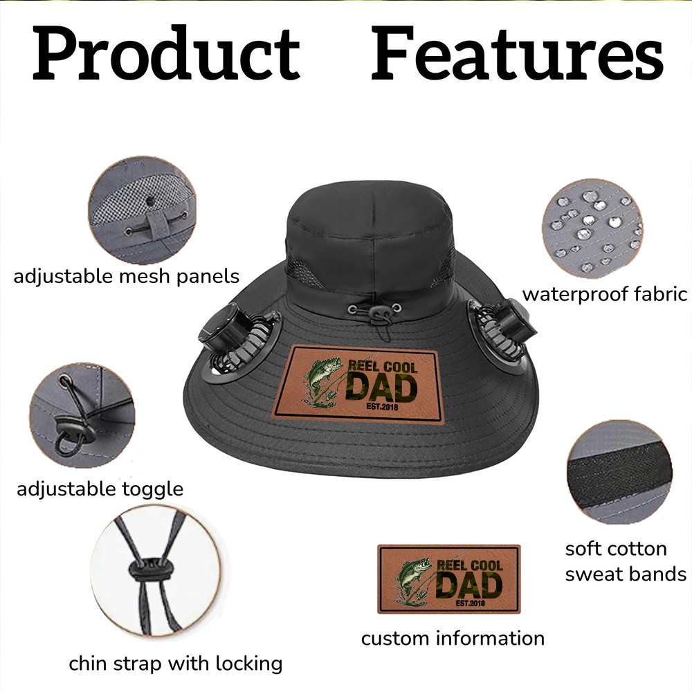 Personalized "Reel Cool Dad" Hat with Dual Fans – Solar & Battery Powered Wide Brim Sun Hat for Outdoor Work & Fishing, Custom Gift for Dad,Grandpa