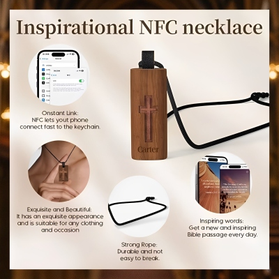 Personalized NFC Bible Pendant, Customized Name Wooden Cross Necklace, Engraved Name, Gift for Christians, Church Gift