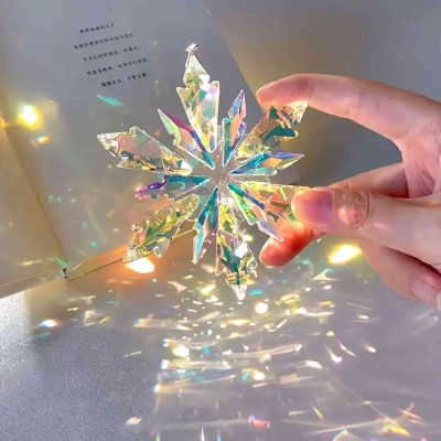 2025 Christmas Decoration Crystal Snowflake Star, Clear Multicolor Faceted Crystal Tone Metal Decoration and Artificial Silk Ribbon - New Year Christmas Tree Decoration Wedding Party Window Hanging Ornaments