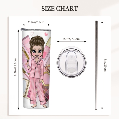 Personalised Love Makeup Lady in Pyjamas & Pink Cosmetics 20oz Straight Tumbler,Pajama Party Gifts