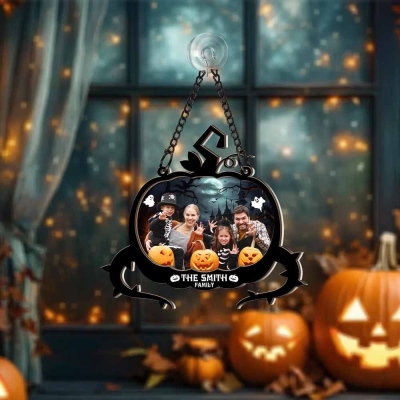 Personalized Name & Photo Spooky Pumpkin Suncatcher Ornament, Family Portrait Memorial Ornament Window Hanging, Halloween Gift for Mom/Dad/Family