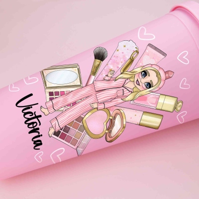 Personalized Makeup Pajamas for Women with Pink Makeup and 24oz Pink Cup with Straw, Perfect for Party Favors or Gifts for Her