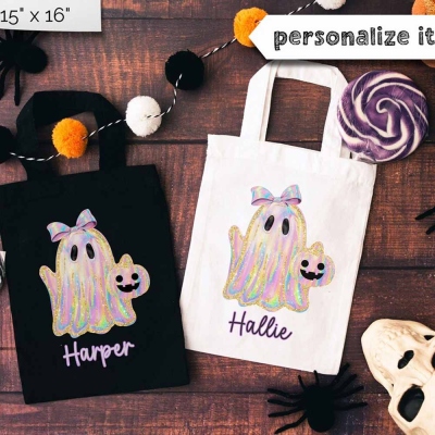Personalized Name Halloween Ghost and Pumpkin Tote Bag, Large Capacity Tote Bag, Trick or Treat Candy Bag, Birthday/Halloween Gift for Her/Girls/Kids