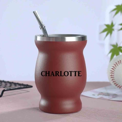 Custom Name Yerba Mate Cup, Stainless Steel 8oz Double-Wall Gourd Water Bottle with Cleaning Brush & Bombillas, Gift for Yerba Mate Lovers/Friends