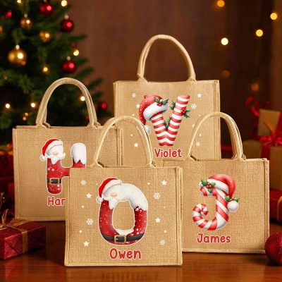 Custom Name Christmas Alphabet Tote Bag, Large Capacity Santa Claus/Candy Cane Design Jute Bag, Holiday Party Favor, Christmas Gift for Kids/Family