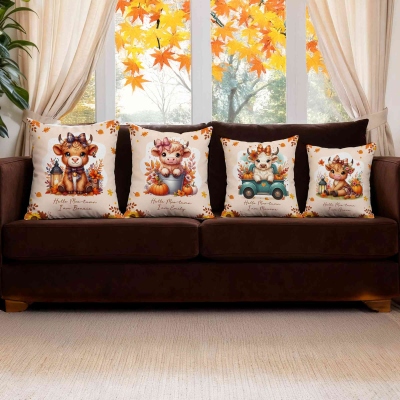 Personalised Autumn Highland Cow Pumpkins Soft Throw Pillow, Thanksgiving Pillow with Name, Thanksgiving Gift for Kid Woman, Home Decor