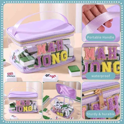 Personalized Towel Embroidered Letters Portable Mahjong Storage Bag, Customized Name Mahjong Bag, Transparent Waterproof Large Capacity Bag, A Gift for Mahjong Lovers