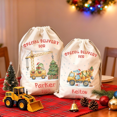Personalized Name Cartoon Dinosaur Construction Vehicle Christmas Gift Bag, Canvas/Linen Christmas Sack with Drawstring, Christmas Gift for Kids/Boys