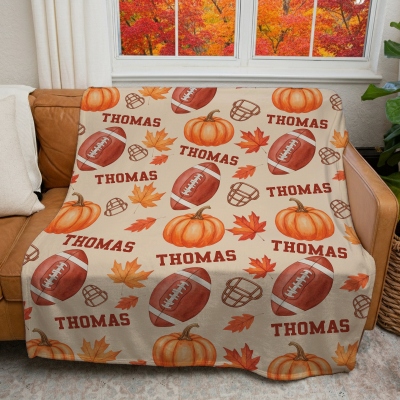 Personalized Autumn Football Blanket, Custom Name Pumpkin Maple Leaf Blanket, Thanksgiving Birthday Gift for Football Lover