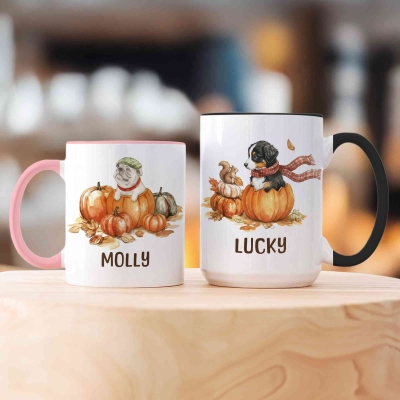 Custom Fall Pumpkins Dog Mug, Personalized Name Coffee Cup with Coaster, Thanksgiving Birthday Gift for Dog Owner Lover