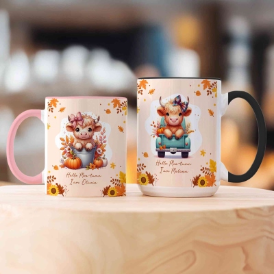 Personalised Autumn Highland Cow Pumpkins Mug, Thanksgiving Coffee Cup with Coaster and Name, Thanksgiving Gift for Highland Cow Lover