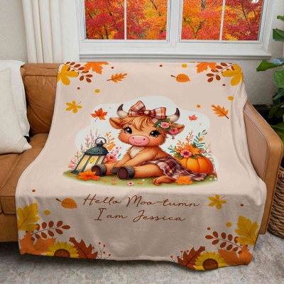 Personalised Autumn Highland Cow Pumpkins Blanket, Thanksgiving Blanket with Name, Thanksgiving Birthday Gift for Highland Cow Lover