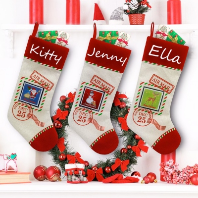 Personalized Embroidered Name Christmas Stocking, Knitted Family Stamp Design Stocking, Winter Holiday Home Decor, Christmas Gift for Family/Kids
