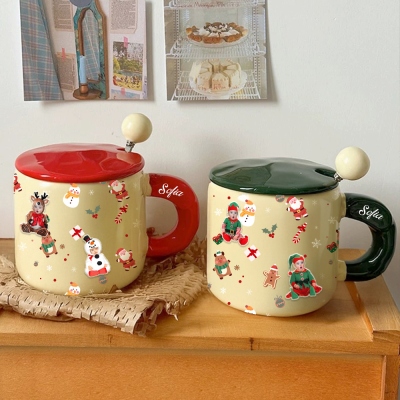 Personalized Name Christmas Theme Mug with Magnetic Photo Decors, Ceramic Mug with Lid and Spoon, Christmas Stocking Stuffer, Christmas Gift for Kids
