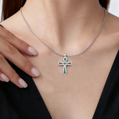 Custom 1-4 Birthstones Cross Necklace, Elegant Sterling Silver 925 Christian Faith Jewelry, Birthday/Baptism/Christmas Gift for Family/Women/Friends