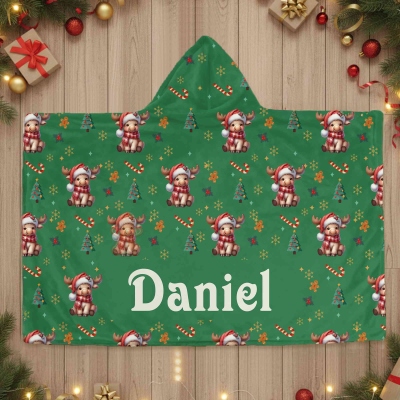 Personalized Christmas Cartoon Animals Soft Hooded Blanket with Name, Multicolor Christmas Hooded Blanket, Christmas Gift for Kids