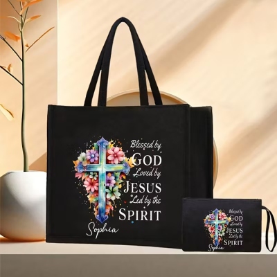 Personalized Name Cross Bible Verses Floral Tote Bag & Coin Purse Set, Christening Scripture Bag, Birthday/Christmas/First Communion Gift for Women