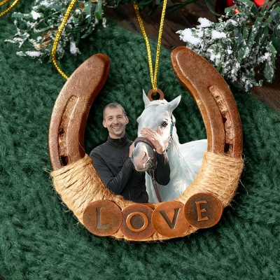 Personalized Name & Photo Horseshoe Christmas Ornament, Custom Portrait Hanging Holiday Decor, Christmas Gift for Horse Lovers/Riders/Equestrians