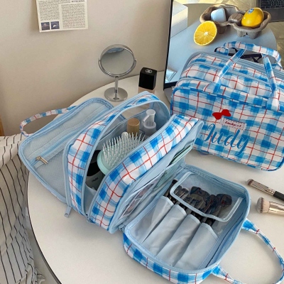 Personalized Name Blue Plaid Handbag with Bow, Multi-Compartment Makeup Organizer, Travel Makeup Bag, Christmas/Birthday Gift for Her/Girls/Daughters