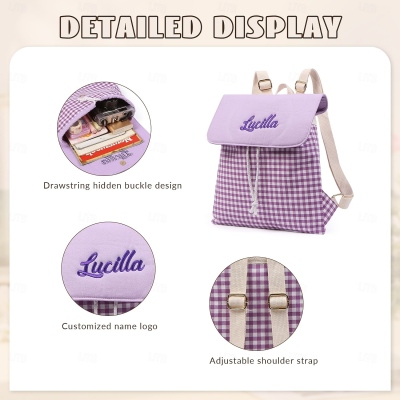 Personalized Embroidered Name Backpack Bag, Large Capacity Flap Book Bag with Drawstring, Travel Organizer, Back to School Gift for Students/Girls/Kids