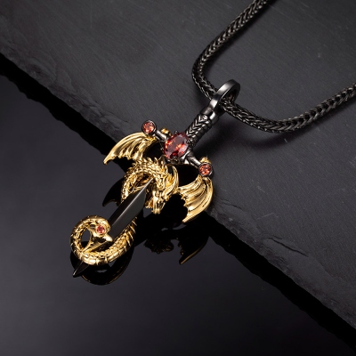 DND Sword Dragon Necklace with Birthstone, Brass Necklace, DND Jewelry Gift for Him, Dragon Gift for Dragon Lovers