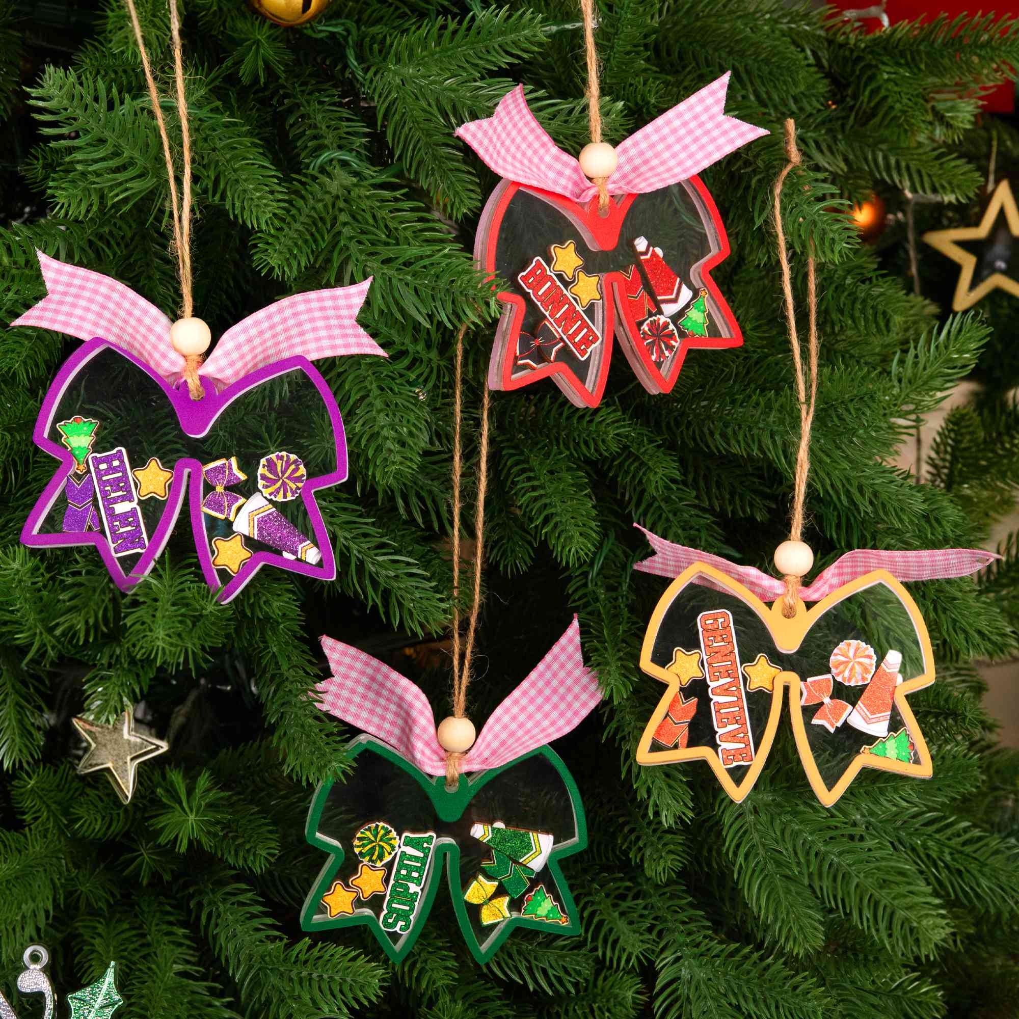 Personalized 3D Cheerleading Bow Tie Pom Pom Christmas Shaker