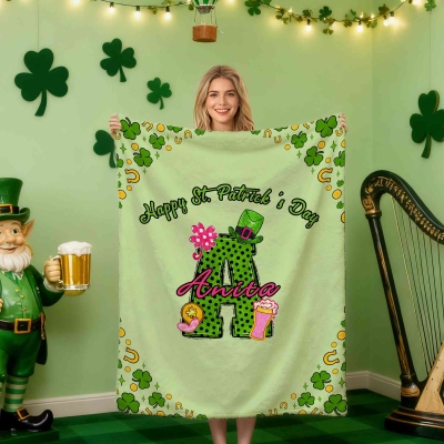 Custom Name Green Polka Dot Initial Lucky Shamrock Blanket, Happy St Patrick's Day Flannel/Sherpa Throw, St Patrick's Day Gift for Irish Family/Friend