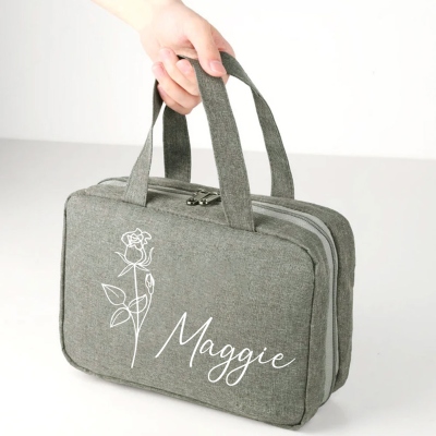 Personalized Names and Birth Flower Cosmetic Travel Bag, Foldable Make Up Organizer, Makeup Bag, Hanging Toiletry Bag for Women, Weekender Bag