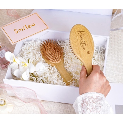 Personalized Engraved Name Wooden Comb for Bridesmaids, Elegant Hair Brush with Ribbon, Bridal Party Favor, Wedding/Proposal/Birthday for Her/Bestie