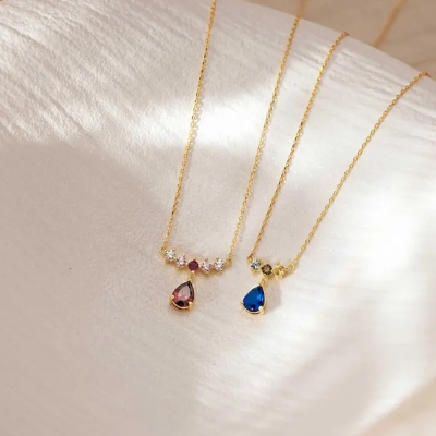 Personalized 2-8 Birthstones Teardrop Pendant Necklace, Dainty Sterling Silver 925 Family Jewelry, Mother's Day/Birthday Gift for Her/Mom/Grandma