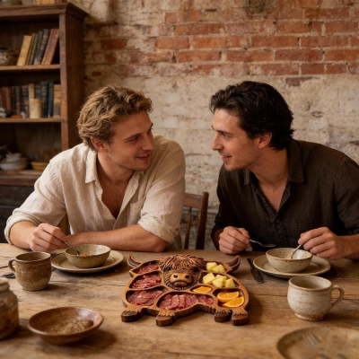 Charkuteribräda av höglandskon med graverat namn, serveringsbräda i trä med flera fack, kökstillbehör, inflyttningspresent till familjen