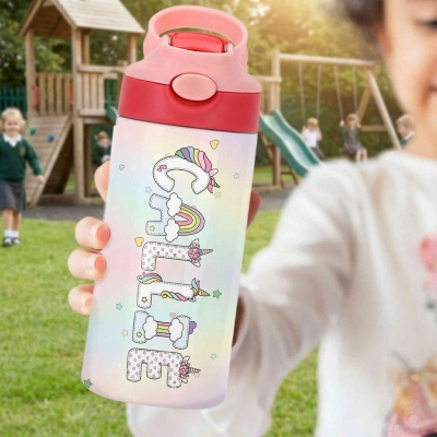 Personalisierte Regenbogen-Fantasy-Einhorn-Alphabet-Wasserflasche mit Namen, Edelstahlbecher (355 ml) mit Strohhalm und Deckel, Geschenk zum Schulanfang/Geburtstag für Mädchen/Kinder