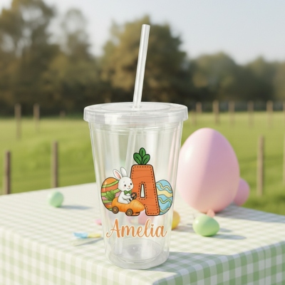 Personalized Name Cartoon Bunny & Carrot Alphabet Clear Tumbler with Straw, 16oz Kids' Cup, Easter Basket Stuffer, Easter Gift for Kids/Boys/Girls