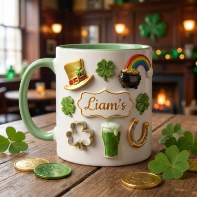 Mug vert personnalisé pour la Saint-Patrick, en céramique, 325 ml (11 oz) avec trèfle porte-bonheur, arc-en-ciel et or, cadeau idéal pour la Saint-Patrick pour la famille et les amis irlandais.