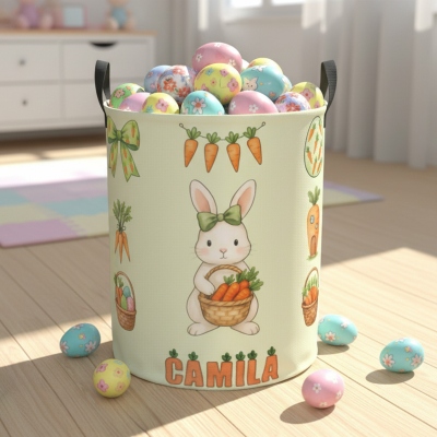 Personalized Name Carrot and Rabbit Storage Basket with Handles, Large Capacity Toy Laundry Basket, Spring Home Decor, Birthday/Easter Gift for Kids