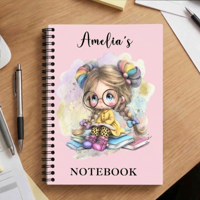 Personalized Cartoon Reading Girl Notebook with Name, Softcover Lined A5 Spiral Notebook, Birthday/Back to School Gift for Kids/Girls/Students