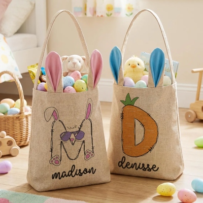 Personlig påskharepåse med namn, påskäggjaktspåse i bomullslinne med kaninöron, vårfestgåva, påskpresent till barn/pojkar/flickor