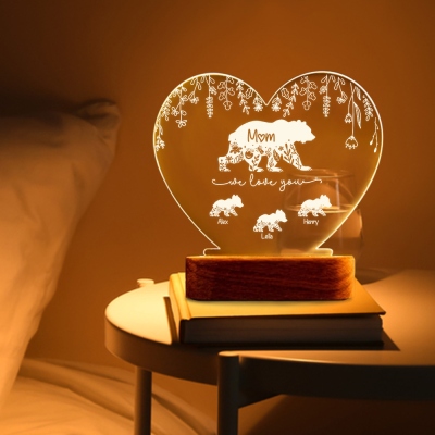 Personalized Floral Bear Family Heart Night Lamp with Names, Night Light with Wooden Base, Home Decor, Birthday/Mother's Day Gift for Family/Mom
