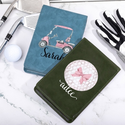 Custom Name Pink Coquette Bow Leather Golf Scorecard Holder, Golf Yardage Book Cover, Golf Accessories, Gift for Female Golfer/Her/Bridesmaids
