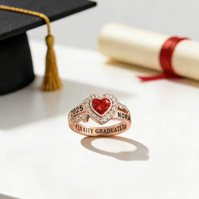 Personalized Engraved Name Graduation Ring with Heart Birthstone, Class of 2026 Graduation Jewelry, High School College Class Ring, Gift for Graduates