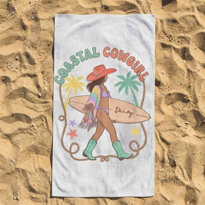 Personalized Name Boho Flirty Cowgirl Beach Towel, Quick Dry Microfiber Sand Towel, Summer Vacation/Beach Party Favor, Birthday Gift for Besties/Girls