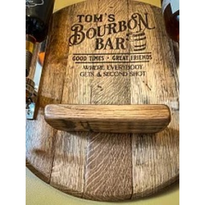 Wall Mounted Liquor Dispenser from Bourbon/Whiskey/lrish/Rum Barrel Lid