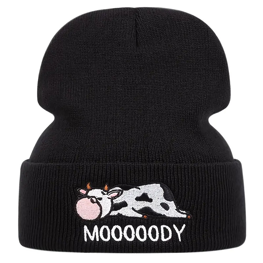 Cute Cow Embroidery Graphic Beanie Solid Color Elastic Skull Cap Lightweight Knitted Cap Cuff Beanie Hat Women Daily Use