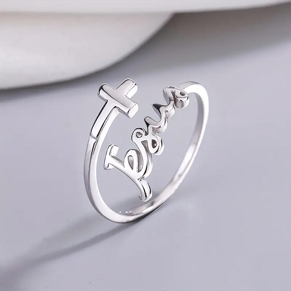 925 Sterling Silver Ring Fashionable Cross with 'Jesus' Design Adjustable Wrap Ring Matches Everyday Clothing Suitable for Men and Women