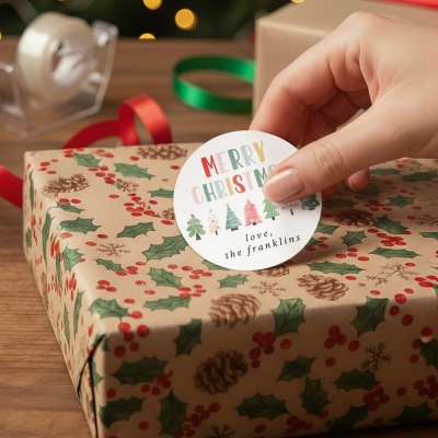 Personliga God Jul-klistermärken med efternamn, dekaler för ask/paket/kuvert, festgåva, etiketter för högtider, julklapp för familj/barn