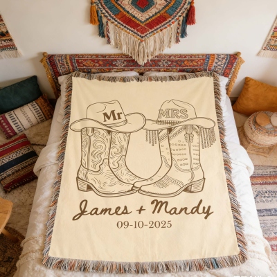 Personalized Names Western Theme Wedding Blanket with Tassels, Mr & Mrs Cowboy Boots Bed Couch Throw, Anniversary/Wedding Gift for Brides/Newlyweds