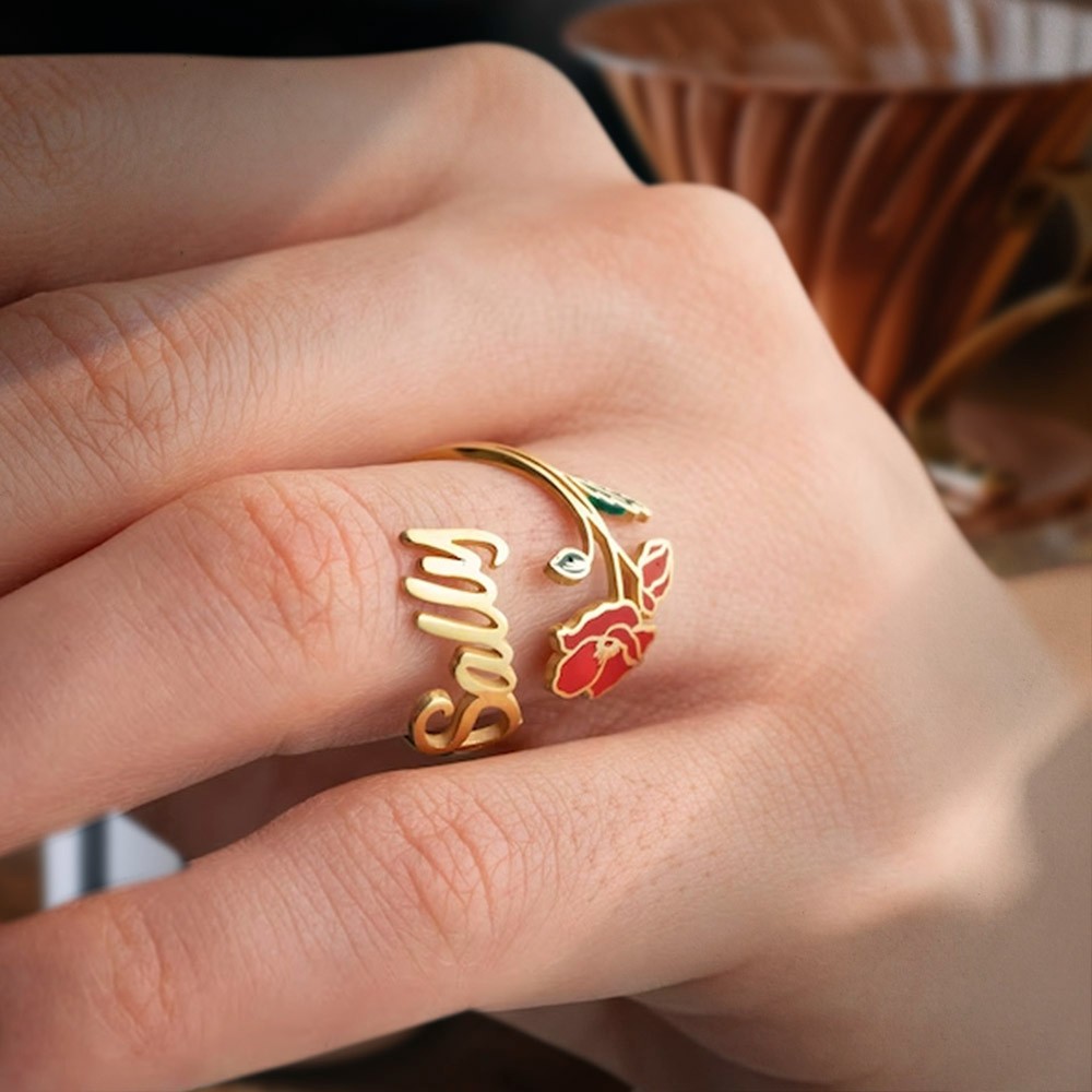 Personalized Name Birthflower Ring, Adjustable Birthflower Ring, Flower