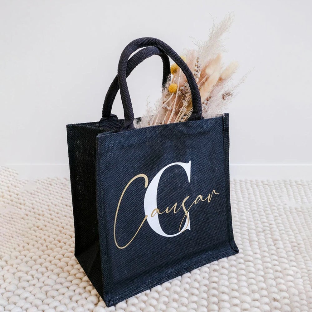 Personalized Name Jute Bag, Jute Bag with Initial, Storage Bag, Travel