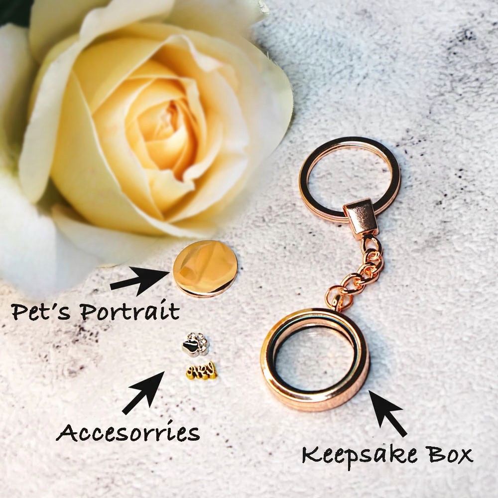 Pet Hair Keepsake Fur Locket Keychain, Pet Portrait Name Keychain