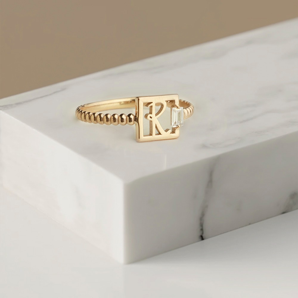 Custom Birthstone Letter Ring, Tiny Ring, Square  Minimalist Ring, Skinny Letter Ring, Gift for Her/Girl